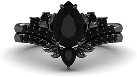 Black Gold Pear Shaped Engagement Ring Set Women, Leaf Shaped Nature Inspired Gothic Black Metal Ring, Wedding Bridal Rings