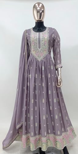 Image of Miss Ethnik Women's Purple Chinon Stitched Top with Dupatta Full Sleeve Embroidered Anarkali Gown (ME-1179)