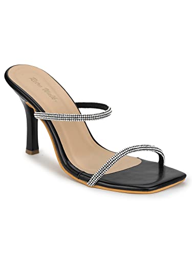 Image of Women's & Girls | Patent stylish Slip-On High Heels with Rhinestone Straps | Elegant Square Toe Fashion Sandals for Women | Comfortable Heeled Footwear for Weddings