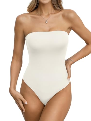 EasyGala Womens Double Lined Strapless Bodysuits Tube Tops Sexy Non-Padded Bandeau Tops Summer Going Out Thong Bodysuits Backless Tank Top Y2K Fashion Clothes