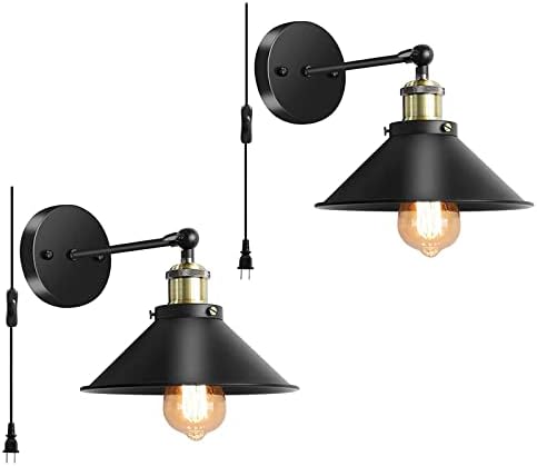 Wall Sconces Lighting, Vintage Industrial Wall Lamp with Plug in Cord On/Off Switch, Swing Arm Wall Mounted Bedside Lamps for Bathroom Bedroom Porch Kitchen Living Room (2 Pack, Matte Black)
