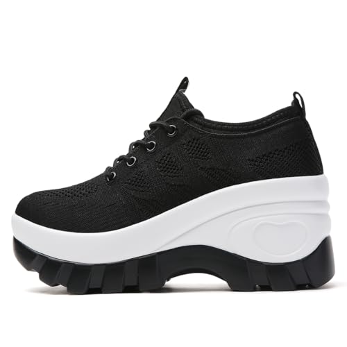 Image of Women's Chunky Platform Comfort Orthopedic Wedge Walking Shoes Fashion Knitted Breathable Lace Up Lug Sole Casual Non-Slip Running Shoes with Arch Support