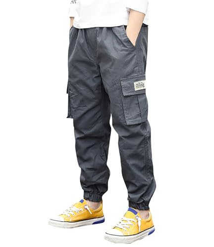 Deekynoop Kinder Cargohose Jungen Twil Cargo Jogginghose mit Elastischem Bund Grau Size 158-164