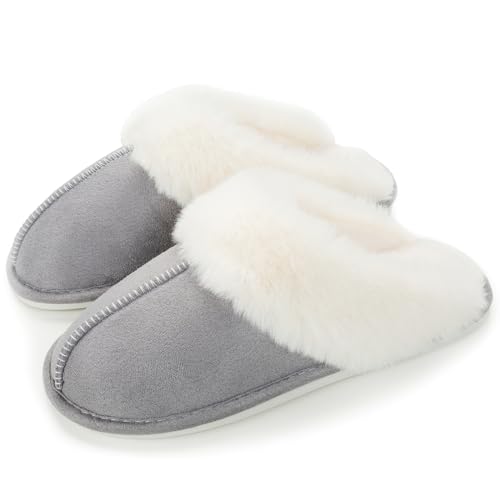 Hausschuhe Damen Herren Winter Plüsch Warm gefüttert Hausschuhe Pantoletten Bequeme rutschfeste Flache Slippers Grau, 40/41 EU