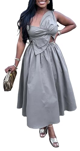 Image of YUEWOO Midi Dresses for Women Casual Summer Sundresses Vacation Outfits Spaghetti Strap Smocked Women Maxi Dress with Pockets