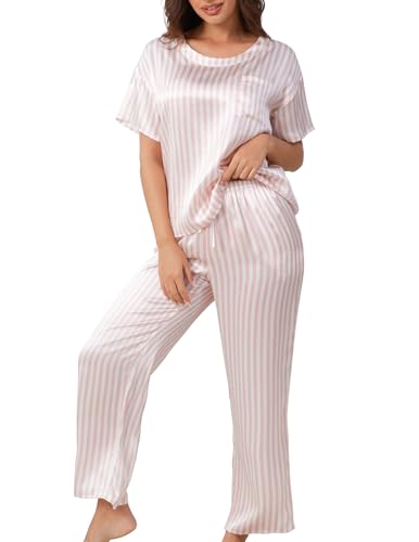 Image of THXSILK Mulberry Silk Womens Pajama Set with Pocket, 2 Piece Lounge Sets for Women, Short Sleeve Sleepwear