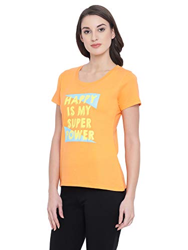 Image of Clovia Women's Cotton Rich Text Print T-Shirt in Orange