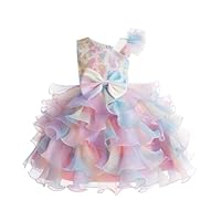 Miipat Girls Dress One-Shoulder Sequins Princess Sleeveless Flower Girl Wedding Bridesmaid Dresses Tutu Ruffles Kids Prom Dress for Party Birthday Rainbow 130 6-7 Years