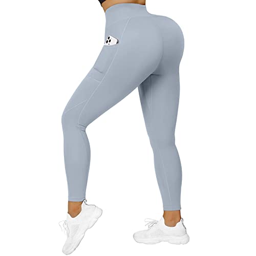 OYZ Leggings de yoga sin costuras para mujer, cintura cruzada, para entrenamiento, correr, bolsillos, para verano, cintura alta, pantalones de fitness deportivos, Azul-liso., XL
