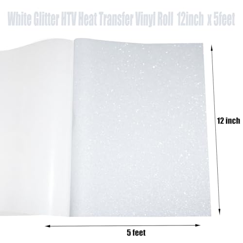 Image of White Glitter Heat Transfer Vinyl White Glitter Vinyl Glitter HTV Vinyl Rolls Pack 12 Inch x 5 Feet Iron on Vinyl for Cricut T-Shirts DIY Design, Silhouette Cameo & Heat Press Machine