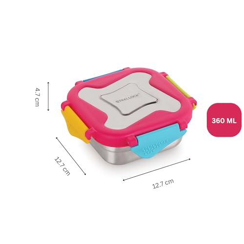 Image of STEELLOCK Smart Stainless Steel Tiffin Lunch Box for Kids and Adults - Airtight Leakproof Square Container with Steel Lid - Juliet 360ml, 2 Pc Set for School & Office
