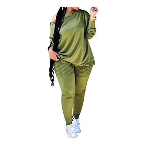Women Loose Tracksuit Two Pieces Outfit For Women Off Shoulder Long Sleeve Sweatsuits Set Casual Jogging Sets, Green, Small Cover