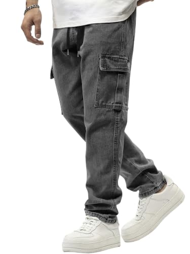 Image of JMIERR Men's Elastic Waist Cargo Jeans Stretch Denim Pants with Drawstring Straight Leg for Casual Daily Wear