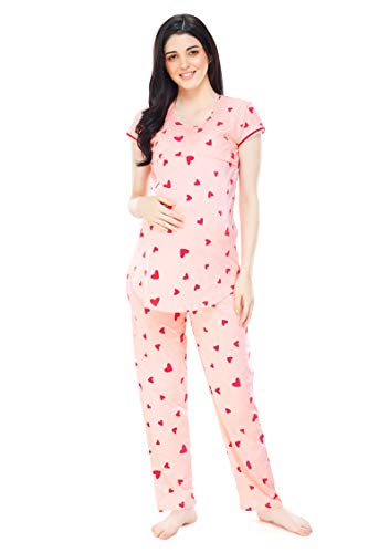 Image of ZEYO Women's Cotton Heart Printed Maternity & Feeding Relaxed Night Suit Set of Top & Pyjama Nursing Night Dress 5329 (Available in Plus Size)