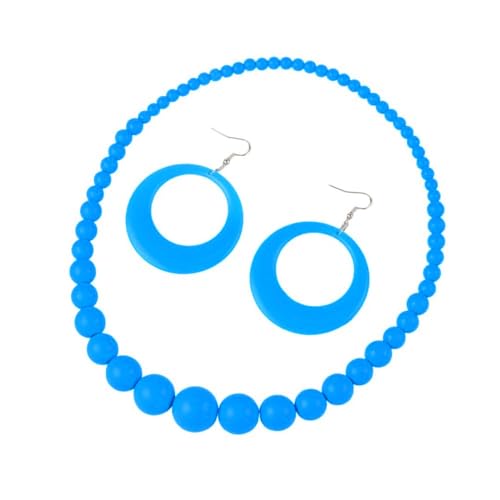 Fuqimanman2020 Colorful Neon Acrylic Beaded Necklace Earrings Set for Women 70s 80s Retro Circle Round Dangle Drop Earrings Boho Exaggerated Geometry Necklace Earrings Jewelry Gift-Blue