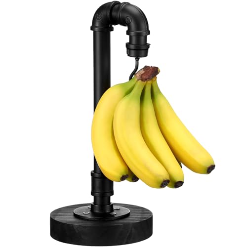 Reallnaive Banana Holder Stand with Wooden Base Industrial Vintage Style Banana Hanger Pipe Fruit Tree Rack for Kitchen Countertop Home Decoration