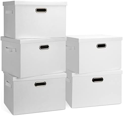 Graciadeco Large 17" 36 Quart Collapsible Stackable Storage Bins with Lids, 5 Packs White Foldable Fabric Closet Storage Boxes with Lids, Lidded Storage Bins 4 Handles Toy Heavy-duty Linen Cube Box Baskets Container Organizers and Storage for Bedroom Office (17 x 12 x 11)