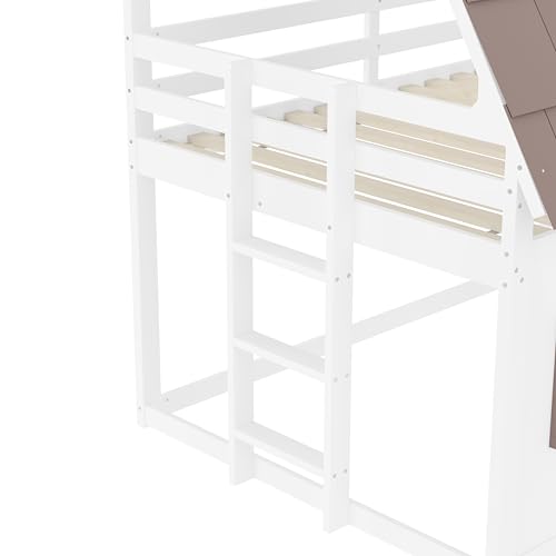 EINHOM Kinderbett 140x200 cm, Etagenbett mit Dach, Leiter und Rutsche, Hausbett mit Rausfallschutz, Lattenrost aus Holz, MDF+Kiefer, Weiß+Braun, Ohne Matratze