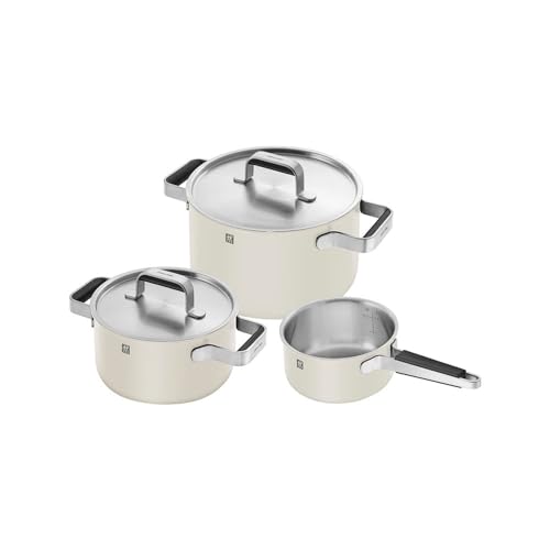 ZWILLING Pure Cookware - Juego de 3 utensilios de cocina de acero inoxidable de 3 capas, revestimiento exterior de cerámica de colores. Asas que se mantienen frías. Apto para lavavajillas (blanco