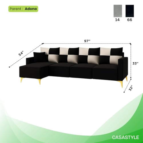Image of CASASTYLE Brogan 6 Seater Fabric LHS L Shape Sofa Set (Black) in Premium Velvet Finish | Durable Comfort | Ideal for Living Room