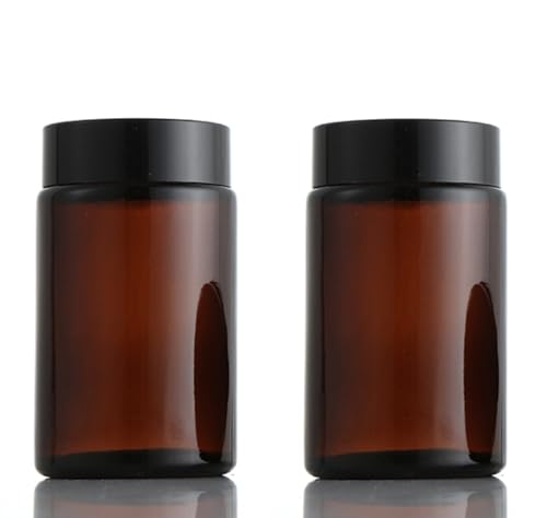 2 Pcs 8OZ Amber Glass Jars Straight Sided Cosmetic Jars Refillable Cosmetic Containers with Inner Liners and Black Lid for Lotions Body Scrubs Cream Ointment