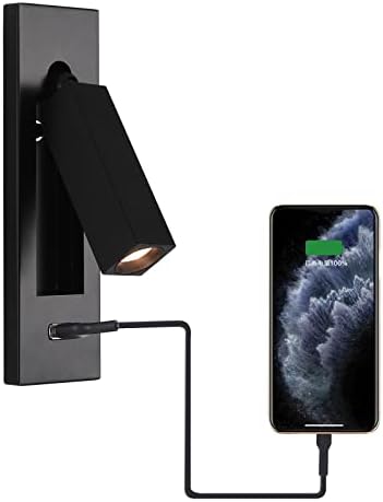 Wall Mounted Reading Light with USB, LED Bedside Reading Light with Switch, Adjustable Recessed Headboard Reading Lights Wall Sconce for Reading, Hardwired Reading Spotlight for Bedroom (Black)