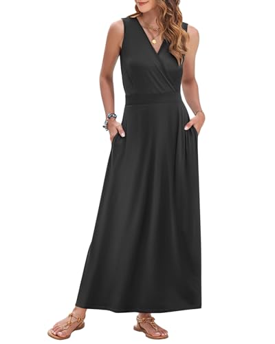 Image of AUSELILY Womens Maxi Dress Summer Sleeveless Wrap Long Dresses with Pockets | V-Neck Wrap Sleeveless Sundress, fits formal, casual, beach, vacation & daily wear