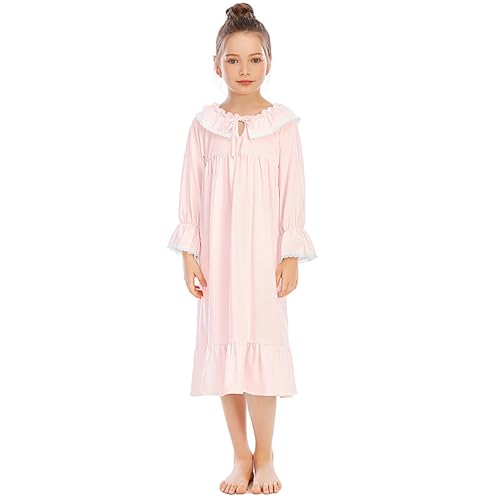 Girls Ruffle 𝗡ightgowns Long Sleeve Kids Cute Lace 𝐏ajamas Dress Plain Loose Cotton Soft 𝐒leepwear Crewneck2