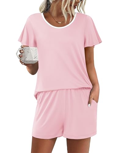 Image of Ekouaer Womens Pajama Set Summer Short Sleeve Pjs Sleepwear Cute 2 Piece Lounge Sets S-XXL