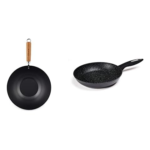 Ken Hom KH331001 Carbon Steel Non Stick Wok | 31 cm | Classic | Non-Induction/Wooden Handle/Flat Base Pan | Includes 1 x Chinese Wok | Not Dishwasher Safe Cover