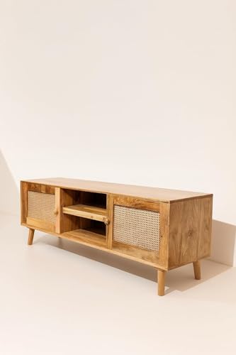 Image of Premium Solid Wood, 10 Minutes Assembly (Legs Only), Aesthetic Rattan Doors, Mid Century Entertainment Center for Living Room, TV Stand for 65 inch TV, Dark Chocolate (Natural Colour)