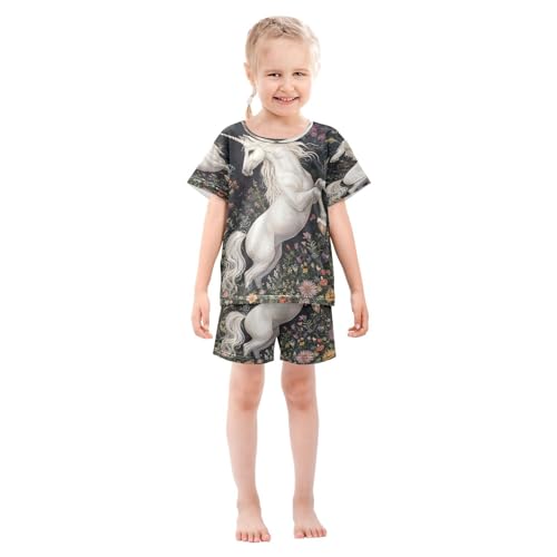 ALAZA Unicorn Blossom Floral Horse Pajamas Set Short Sleeve Cotton Sleepwear Summer Pjs 2 Piece 5-14Y3