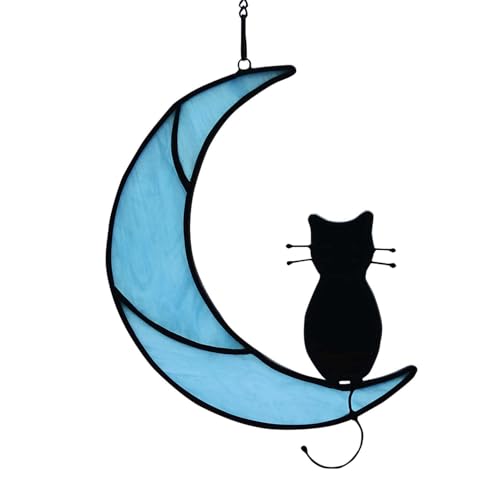 HAOSUM Black Cat Decor On Blue Moon Suncatcher Decoration,Cat Memorial Gifts for Cats Lovers Stained Glass Window Hangingt,Cats Loss Sympathy Gift,Pet Memorial Gifts for Women