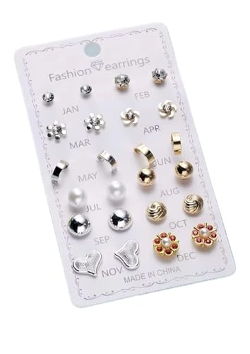 Image of 12 Pairs Trendy Stud Earrings Set with Crystal and Pearl, Heart, Flower, Star and Geometric Styles