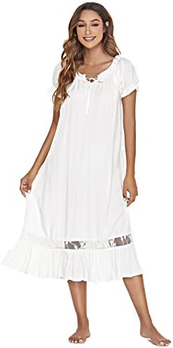 Verdusa Women's Lace Nightdress Short Sleeve Victorian Nightgown Sleepwear Pajama White M