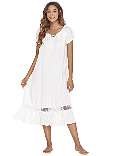 Verdusa Women's Lace Nightdress Short Sleeve Victorian Nightgown Sleepwear Pajama White M #TOP18
