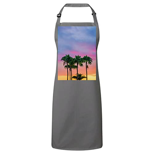 Tablier cuisine gris palmiers protection textile coucher de soleil