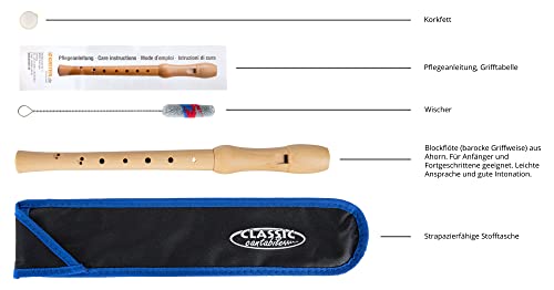 Classic Cantabile Stella Blockflöte - 2-teilige Blockflöte aus Ahorn - Barocke Griffweise - Ideal für Kinder ab 6 Jahren - Inklusive gepolsterter Tasche, Grifftabelle, Flötenputzer und Korkfett