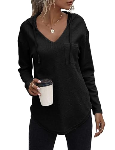 Cegerne Pullover Damen Hoodie Langarm V Ausschnitt Pullover Sweatshirt Kapuzenpullover Einfarbig Drawstring Top, Schwarz-v5, M