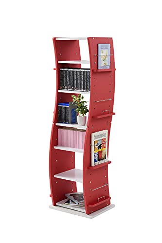 JKプラン 回転 本棚 ラック 棚 スリム ディスプレイラック 収納 漫画 CD DVD 大容量 高さ150 幅60 ホワイト レッド 赤 TSFWD0209WHRD