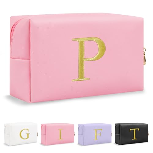 Personalized Gift Initial Makeup Bag,Preppy Gold Embroidered Letter Cosmetic Bag Stocking Stuffers for Teen Girls,Small Travel Toiletry Bag,Custom Christmas Birthday Gift for Women Mom Kids(Pink-P)