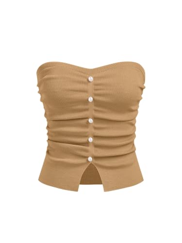 Image of CIDER Faux Pearl Tube Tops for Women Split Hem Knit Crop Y2K Going Out Tops | Cute Ruched Tops, Spring Summer Outfits, Vacation, Concert