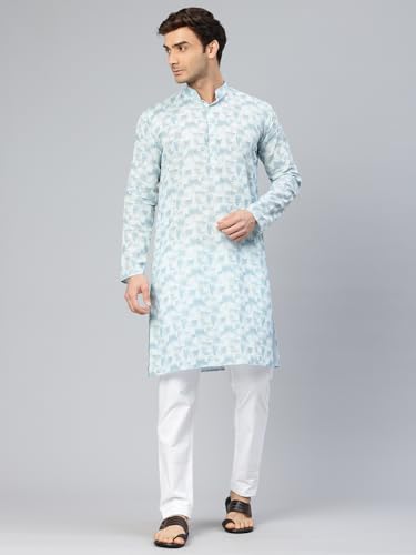 Image of Majestic Man Men's Cotton Regular Fit Casual Mandarin Collar Ethnic Motifs Printed Long Regular Kurta