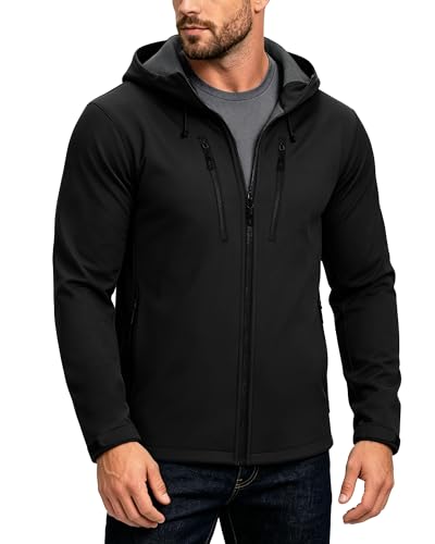 Image of 33,000ft Men's Waterproof Softshell Jackets Lightweight Fleece-Lined Running Jacket Breathable Windbreaker Casual Functional Coat with Hood for Cycling, Hiking,Golf Black XL