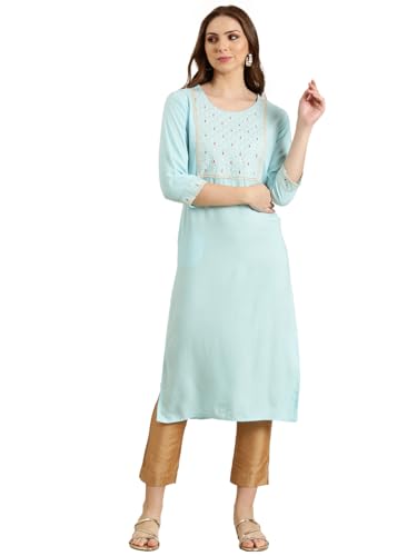 Image of SHOWOFFFF Women Solid Straight Ethnic Kurta | Round Neck 3 /4th Sleeves Cotton Kurta for Womens | Regular Fit Calf Length Kurta for Women's