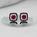 Jewelili Sterling Silver 6MM Cushion Shape Created Ruby with Treated Black and Natural White Round Diamond Accent Halo Stud Earrings for Women | Classic Jewelry with Gift Box