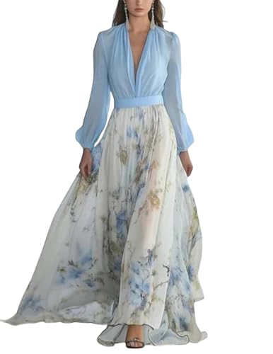 Vestido floral de primavera de manga larga para mujer, elegante, cuello en V, maxi, casual, vestido de invitada de boda, cintura alta, azul, XL