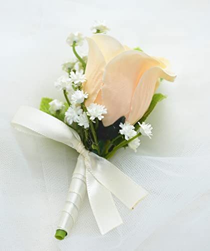 DESUNESS Prom Rose Corsage and Boutonniere Set Artificial Rose Wedding Corsage Flowers Prom Party Suit Decoration (Champagne)