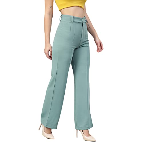Image of KOTTY Women Polyester Blend Green Solid Trousers(Light Moss Green,26)