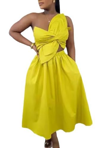 Image of Molisry Women's Summer One Shoulder Dress Spaghetti Strap Cut Out Sleeveless Tight Waist Maxi Bubble Cocktail Dress Party Yellow